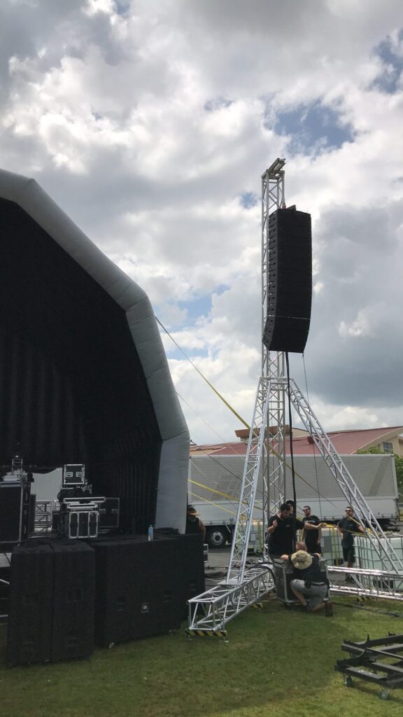 Line array speaker tower for an outdoor event