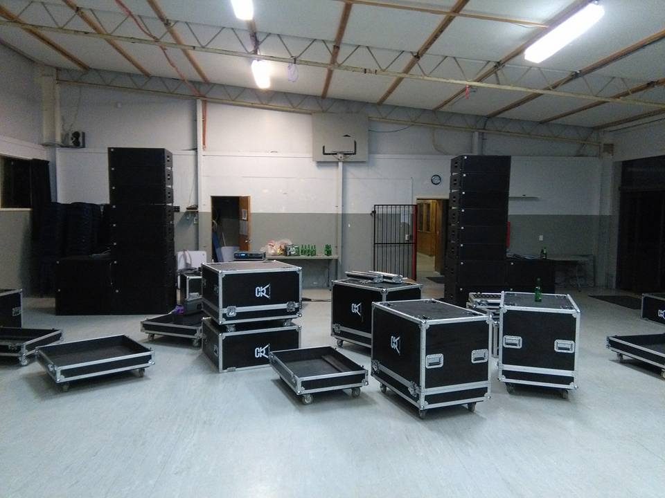 PA and lighting equipment in road cases in the warehouse